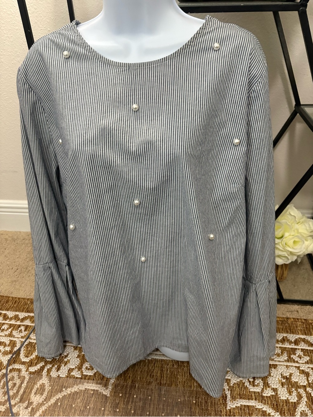 Time & Tru NWOT womens striped blue white striped pearl embelished blouse xxl/20